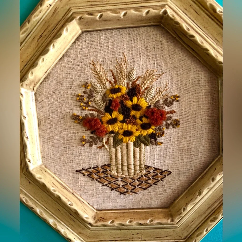 11047 Mid Century Boho Hand Worked Floral Crewelwork in Octagon Ceramic Frame